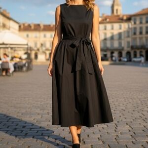 Alice + Olivia Brynlee Belted Cotton Poplin Midi Dress Sz 10 Black Minimalist